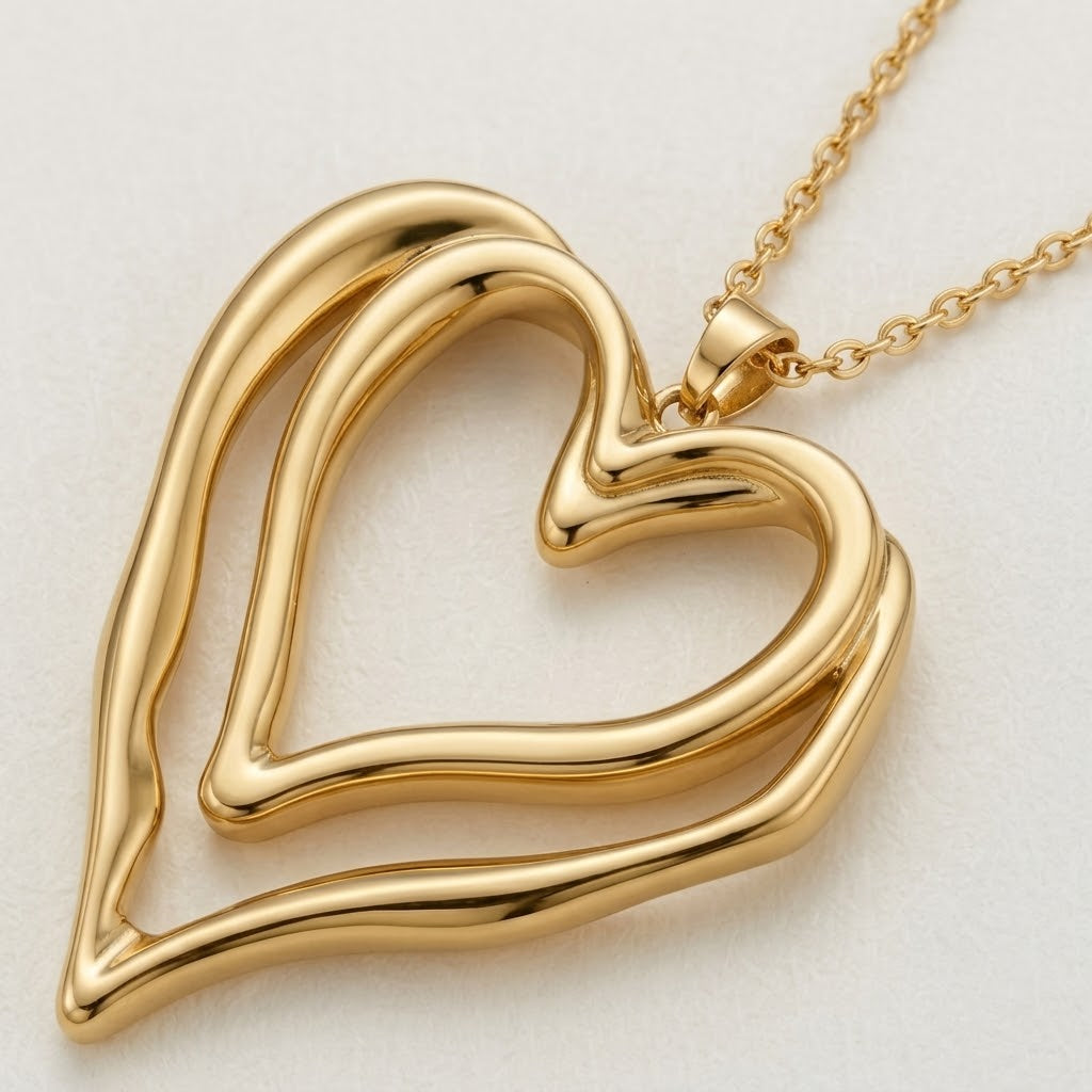 Sculptural Double Open-Heart Pendant Necklace