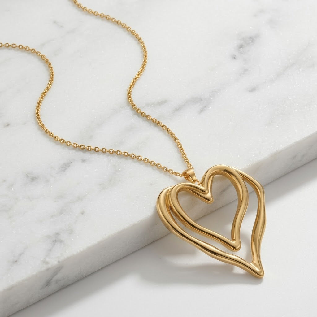 Sculptural Double Open-Heart Pendant Necklace